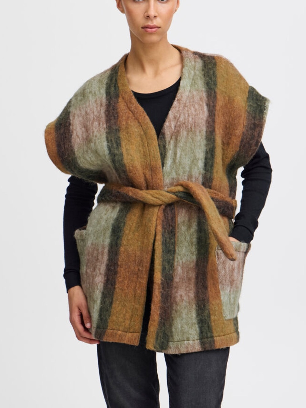 ICHI |Falsie Oversized Multicolour Wool-Blend Belted Sweater Vest Plaid Size M/L